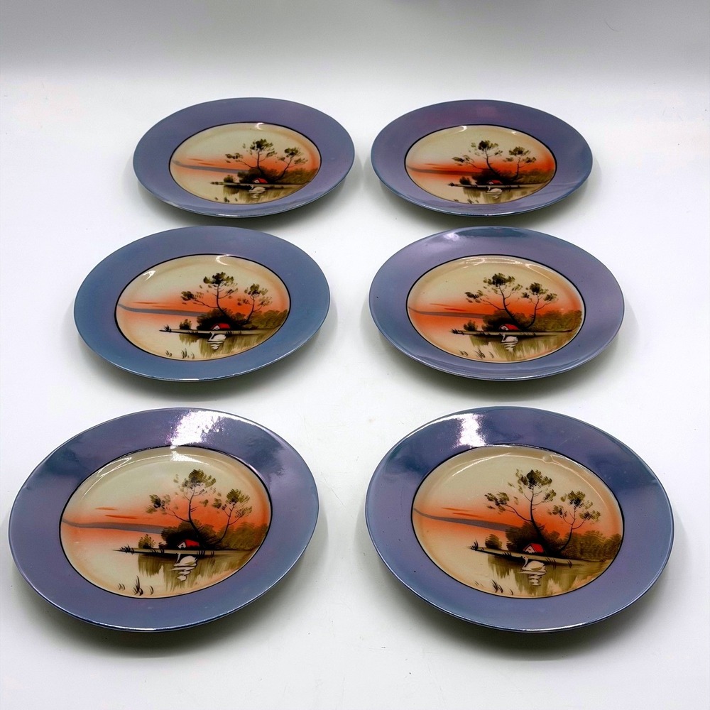 Vintage Noritake Swan on Lake Blue Trim Plates Set of 6 Hand Painted 7.25 in
